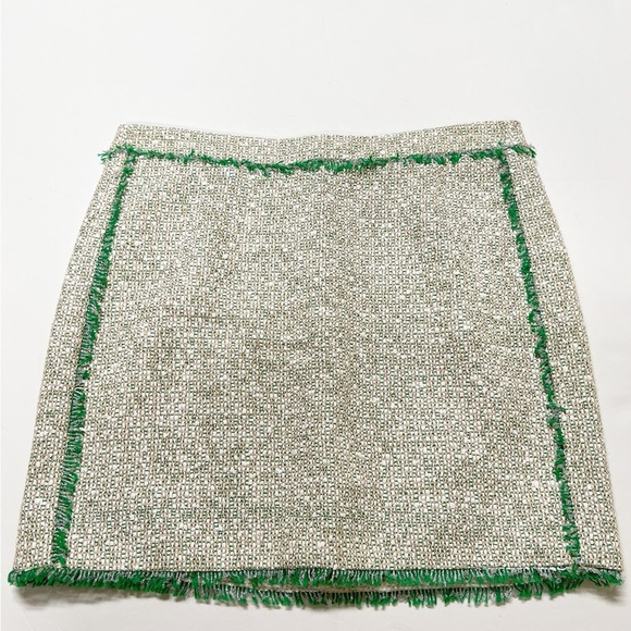 J Crew Womens Cream Metallic Knit Tweed Green Trim Mini Skirt Size 8 - Picture 2 of 8